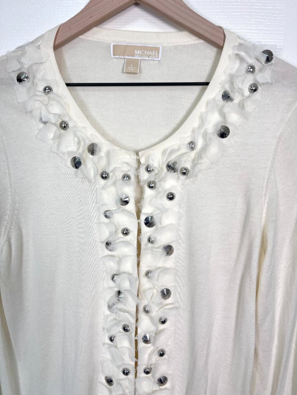 Michael Kors Studded 3/4 Sleeve Cardigan Sweater Ivory Size Large - Picture 3 of 6
